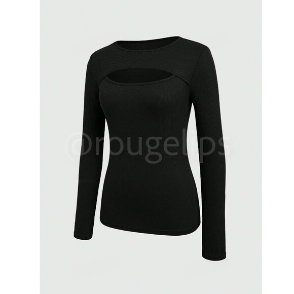 Black Rib-Knit Cutout Long Sleeve Fitted Tee Shirt Top - Picture 3 of 9